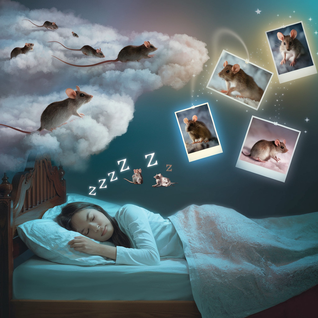 A peaceful dream scene with a girl sleeping on a cozy bed. On the side, a glowing window shows a beautiful, calm landscape with soft sunlight filtering through. Next to the bed, a delicate vision of mice and rats is seen in a friendly and playful manner, symbolizing prosperity and intelligence. These animals are sitting together, creating a peaceful and harmonious environment. In the background, dreamy symbols like stars, moons, and clouds gently float, enhancing the dreamlike atmosphere. Pictures of previous dreams are subtly displayed on one side of the room, adding to the mysterious yet comforting feel.

